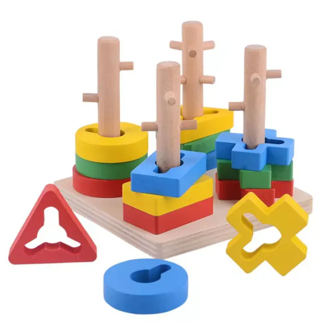 Wooden Geometric Four-Column Obstacle Stacking Toy for Kids