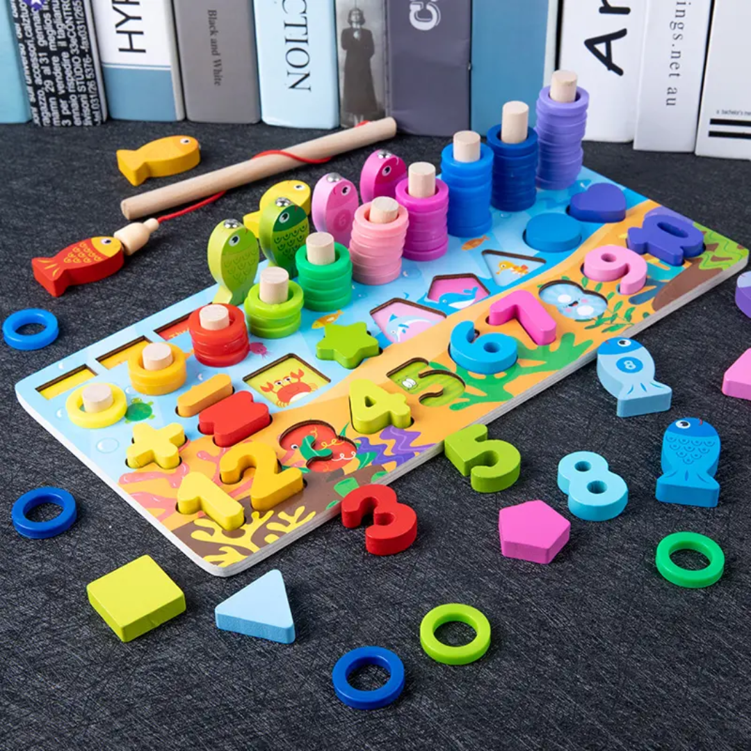 6-in-1 Wooden Educational Logarithmic Board & Magnetic Fishing Game Set  