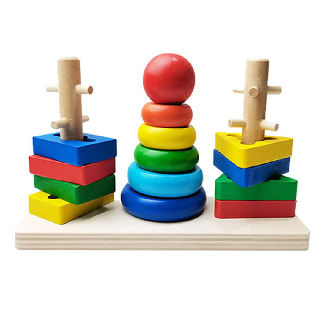 3 Columns Wooden Rainbow Stacking Puzzle Tower Toy for Kids 