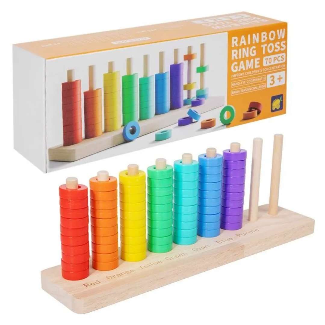 Rainbow Ring Toss Game 70 PCS Wooden Educational Stacking Toy for Kids
